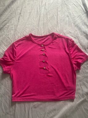 SHEIN Hot Pink Short Sleeve Rhinestone Accent Crop Top